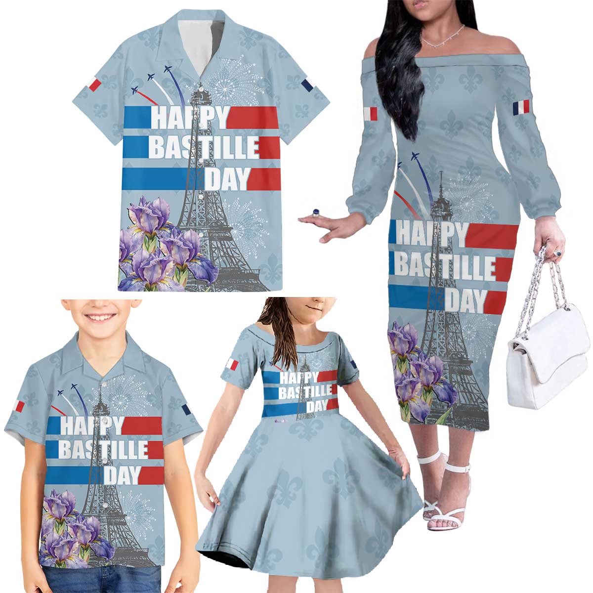 Personalized Fance Le 14 Juillet Family Matching Off The Shoulder Long Sleeve Dress and Hawaiian Shirt Eiffel Tower with Iris Flower