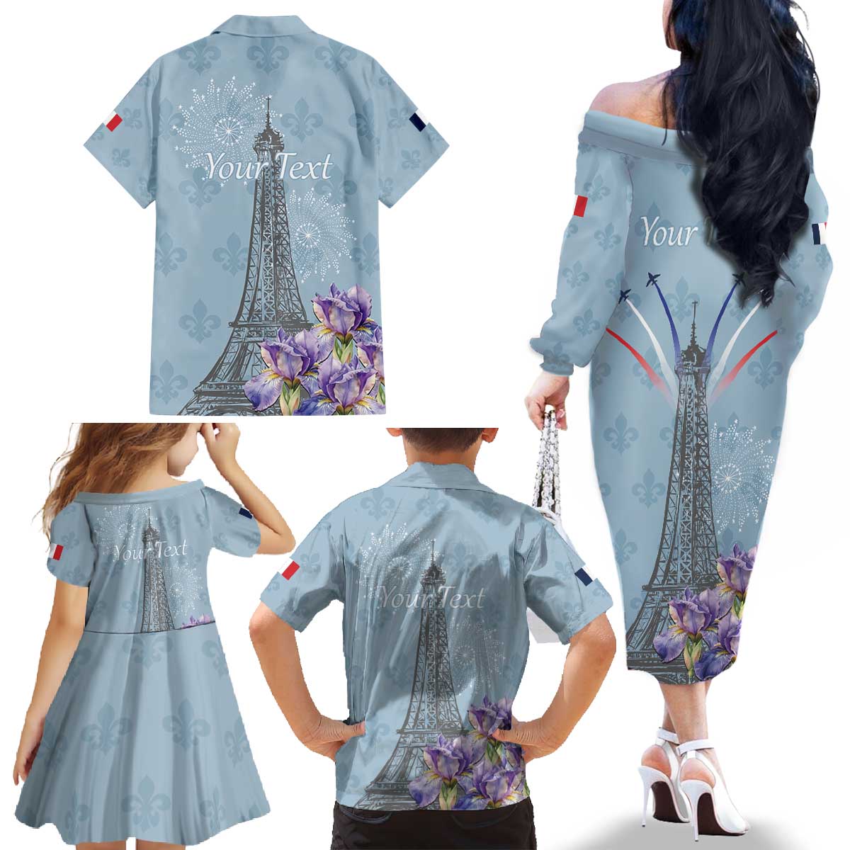 Personalized Fance Le 14 Juillet Family Matching Off The Shoulder Long Sleeve Dress and Hawaiian Shirt Eiffel Tower with Iris Flower