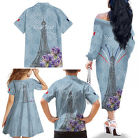 Personalized Fance Le 14 Juillet Family Matching Off The Shoulder Long Sleeve Dress and Hawaiian Shirt Eiffel Tower with Iris Flower