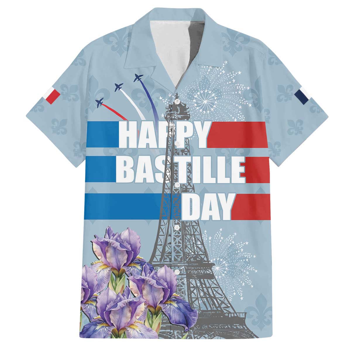 Personalized Fance Le 14 Juillet Family Matching Off The Shoulder Long Sleeve Dress and Hawaiian Shirt Eiffel Tower with Iris Flower