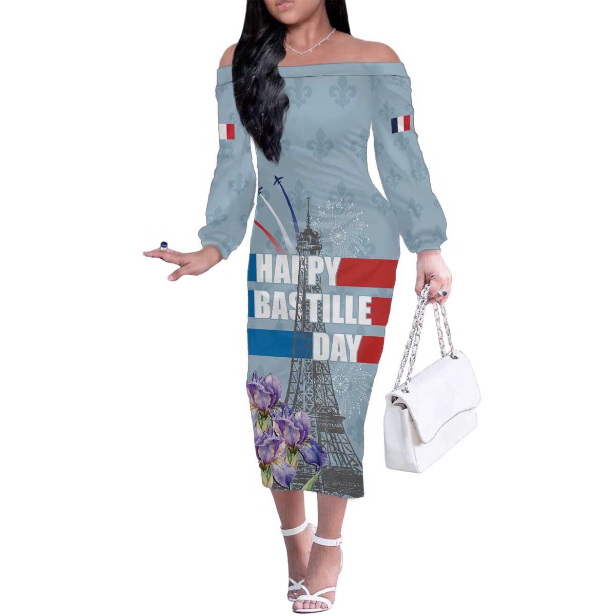 Personalized Fance Le 14 Juillet Family Matching Off The Shoulder Long Sleeve Dress and Hawaiian Shirt Eiffel Tower with Iris Flower