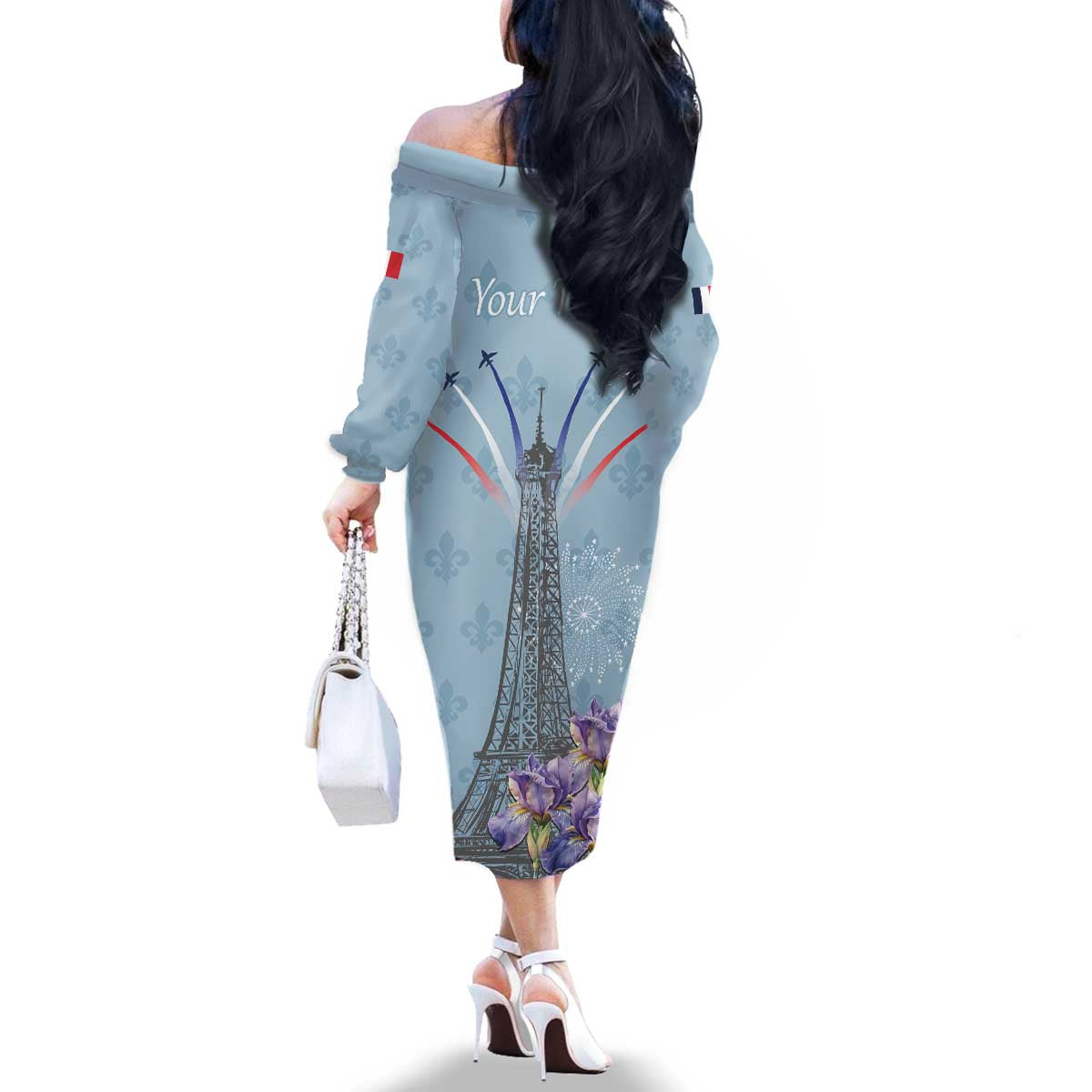 Personalized Fance Le 14 Juillet Family Matching Off The Shoulder Long Sleeve Dress and Hawaiian Shirt Eiffel Tower with Iris Flower