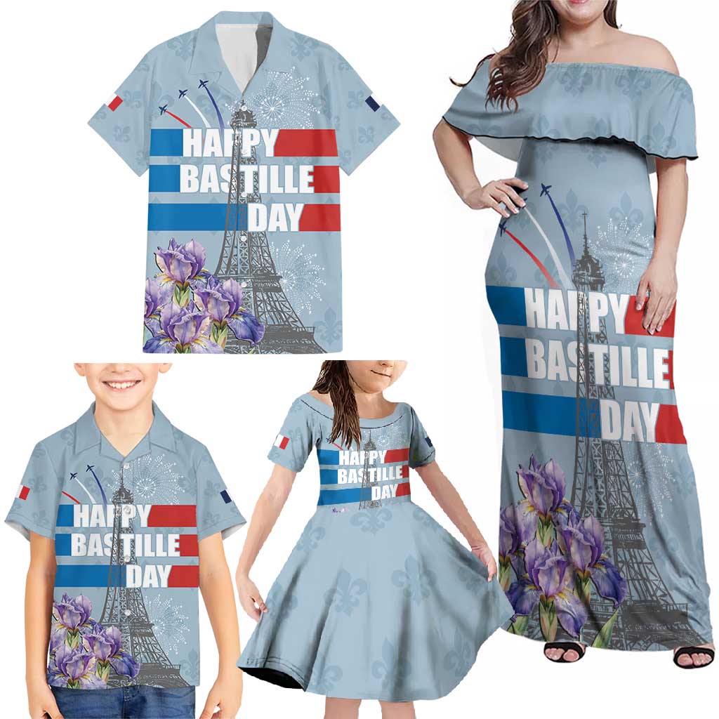 Personalized Fance Le 14 Juillet Family Matching Off Shoulder Maxi Dress and Hawaiian Shirt Eiffel Tower with Iris Flower