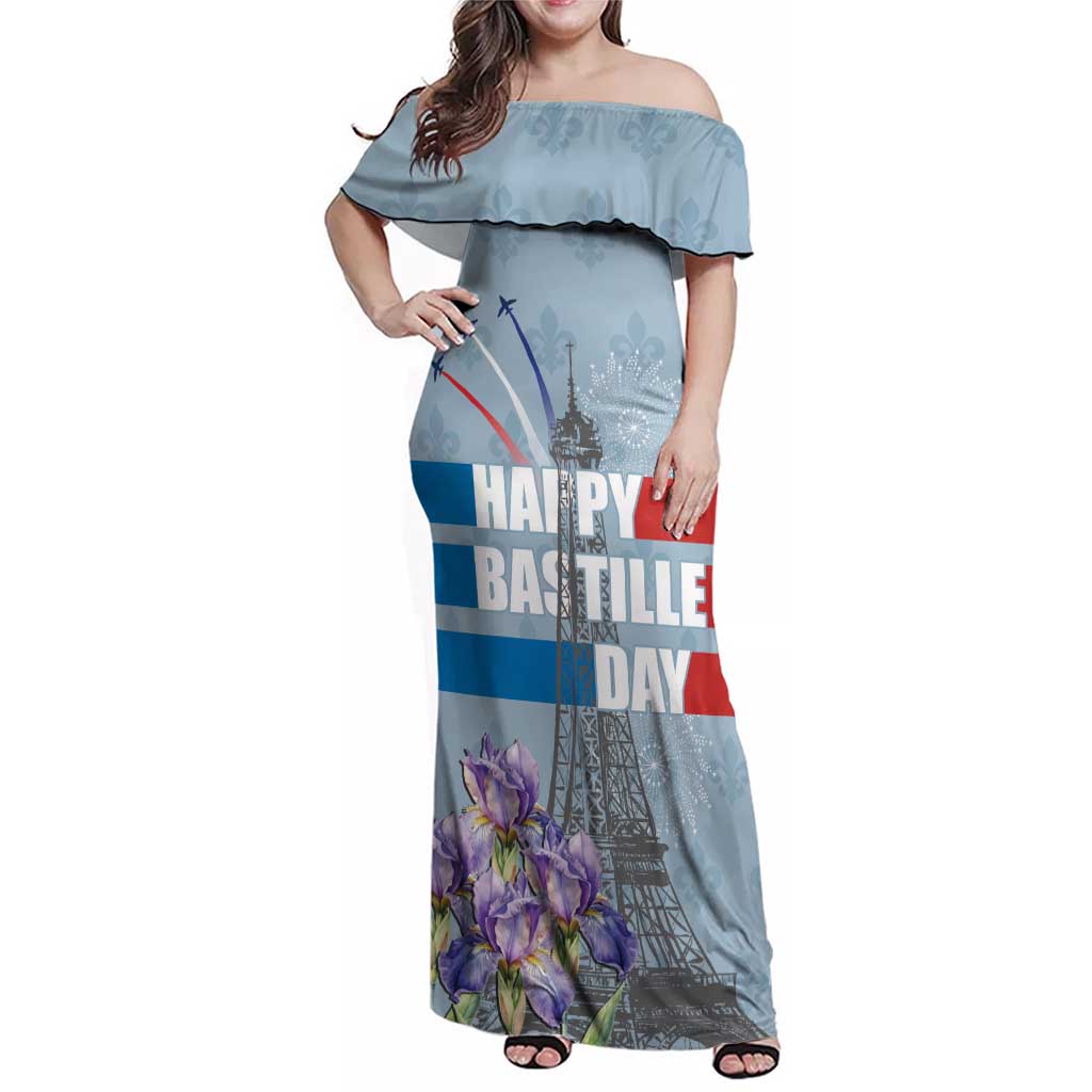 Personalized Fance Le 14 Juillet Family Matching Off Shoulder Maxi Dress and Hawaiian Shirt Eiffel Tower with Iris Flower