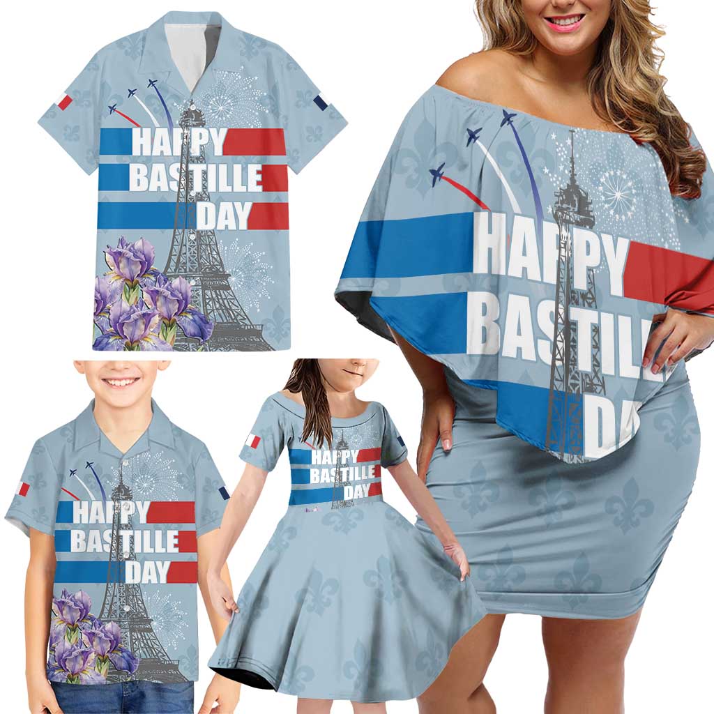 Personalized Fance Le 14 Juillet Family Matching Off Shoulder Short Dress and Hawaiian Shirt Eiffel Tower with Iris Flower