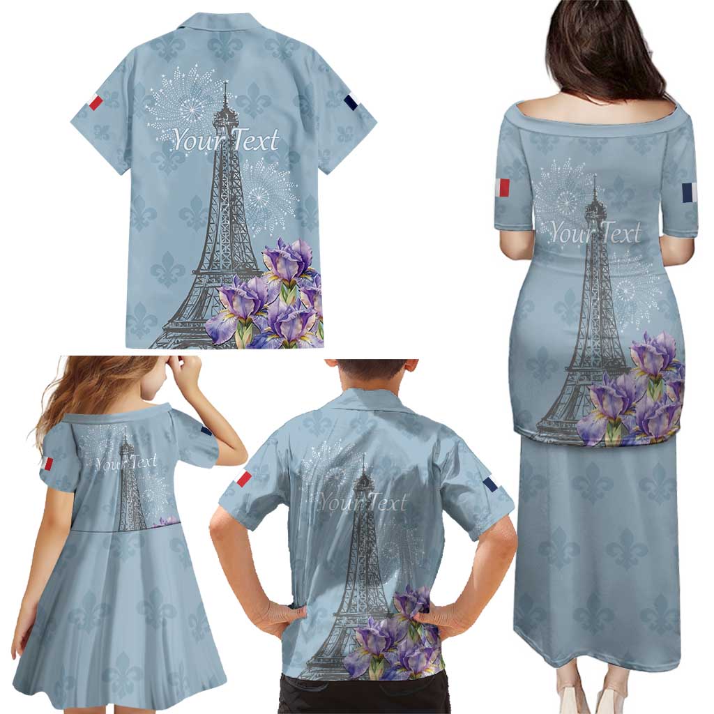 Personalized Fance Le 14 Juillet Family Matching Puletasi and Hawaiian Shirt Eiffel Tower with Iris Flower