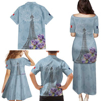 Personalized Fance Le 14 Juillet Family Matching Puletasi and Hawaiian Shirt Eiffel Tower with Iris Flower