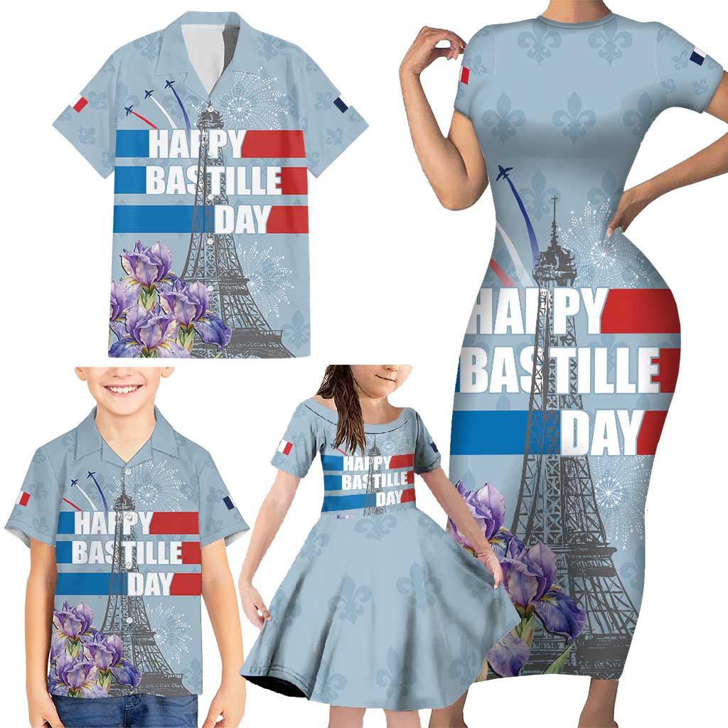 Personalized Fance Le 14 Juillet Family Matching Short Sleeve Bodycon Dress and Hawaiian Shirt Eiffel Tower with Iris Flower