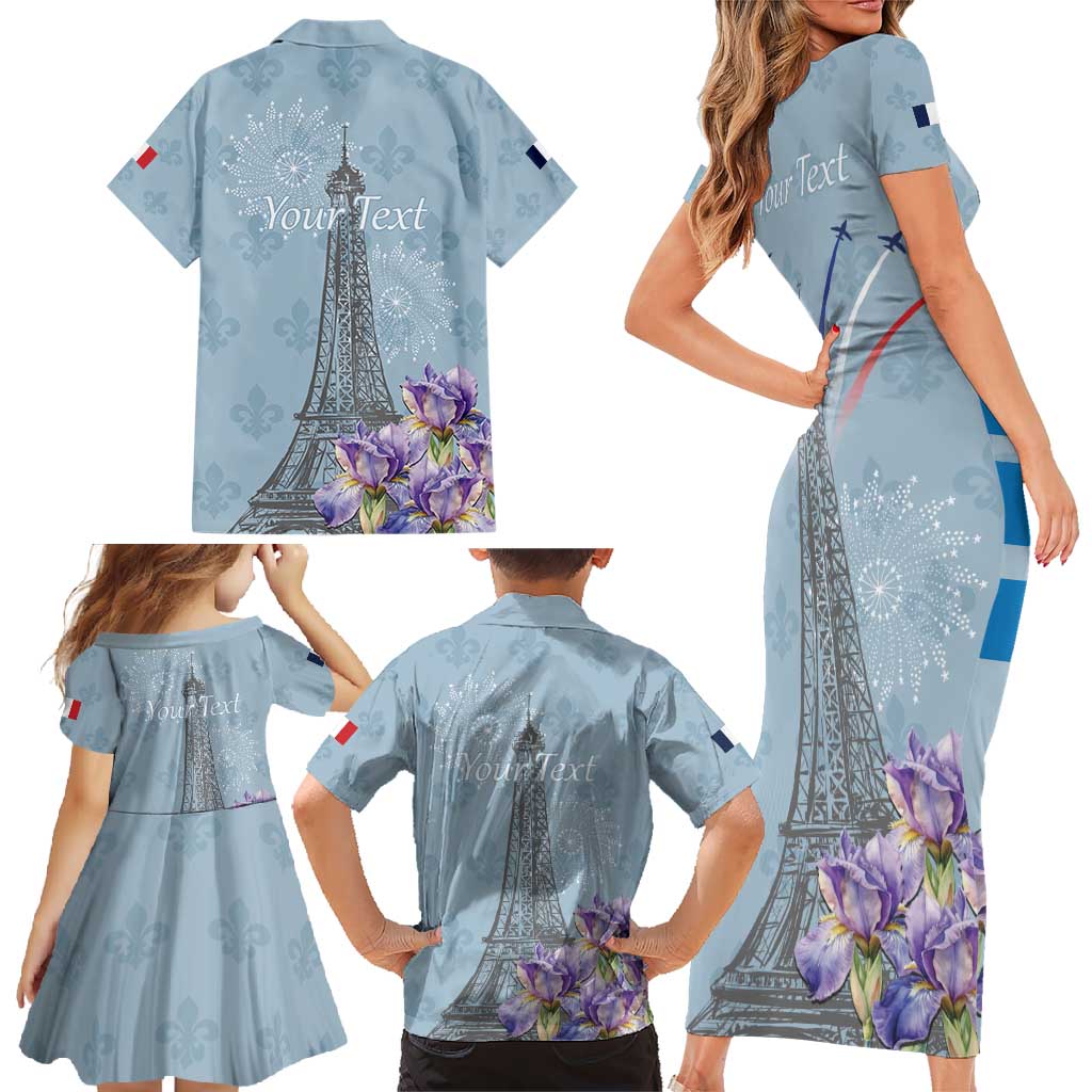 Personalized Fance Le 14 Juillet Family Matching Short Sleeve Bodycon Dress and Hawaiian Shirt Eiffel Tower with Iris Flower