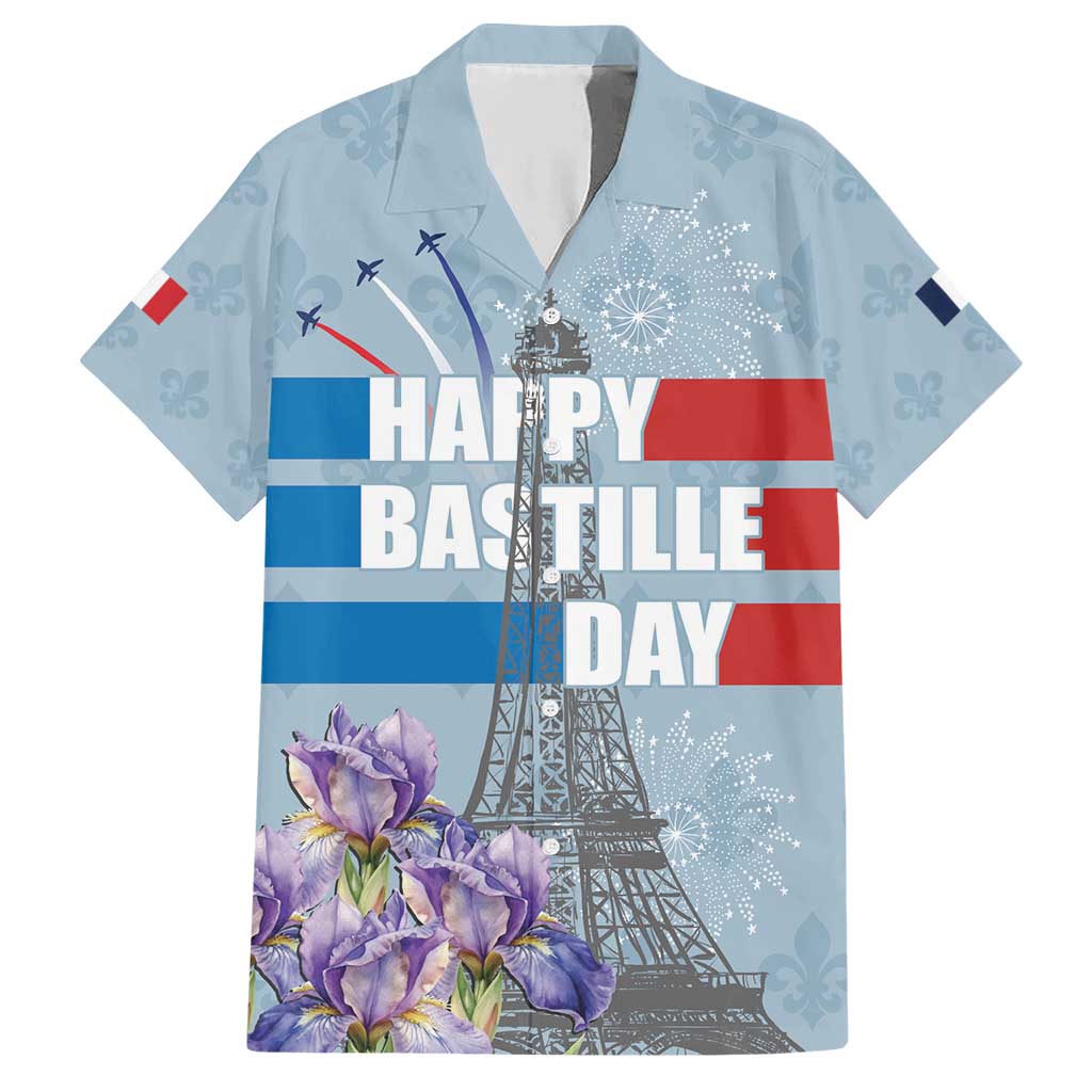 Personalized Fance Le 14 Juillet Family Matching Short Sleeve Bodycon Dress and Hawaiian Shirt Eiffel Tower with Iris Flower