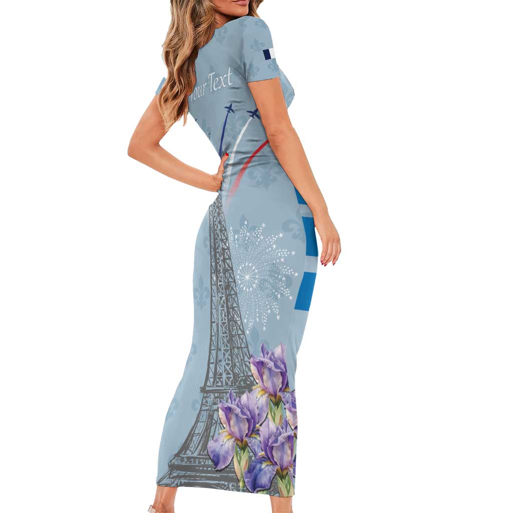 Personalized Fance Le 14 Juillet Family Matching Short Sleeve Bodycon Dress and Hawaiian Shirt Eiffel Tower with Iris Flower