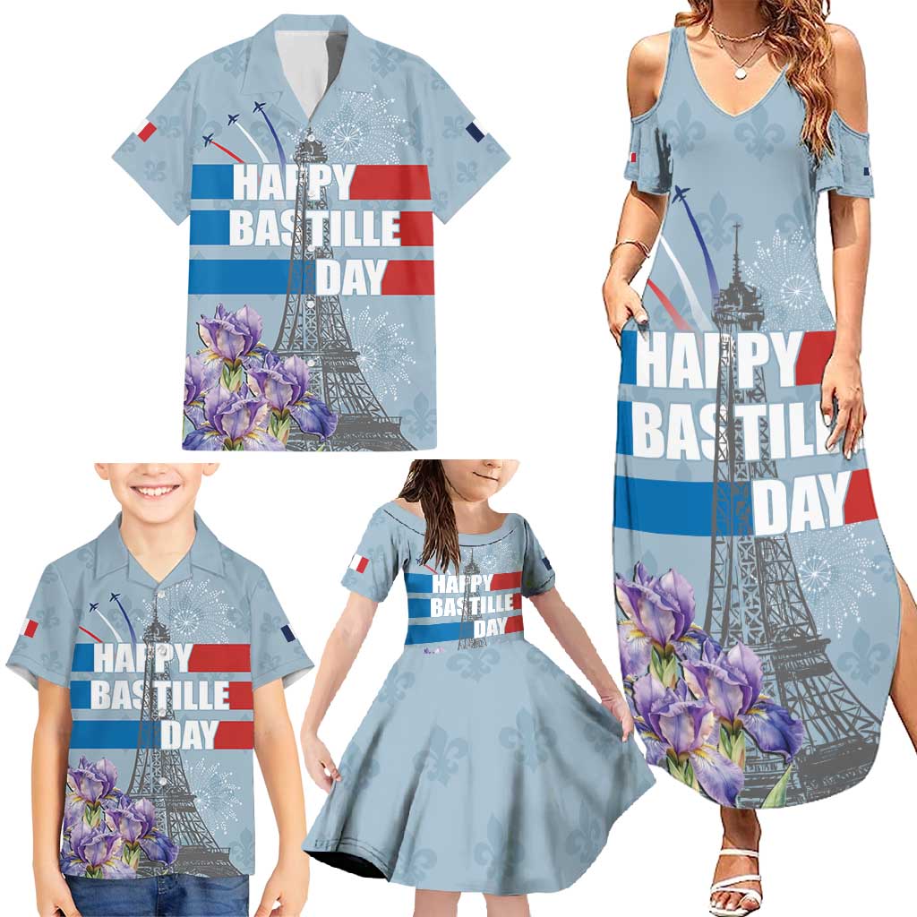 Personalized Fance Le 14 Juillet Family Matching Summer Maxi Dress and Hawaiian Shirt Eiffel Tower with Iris Flower