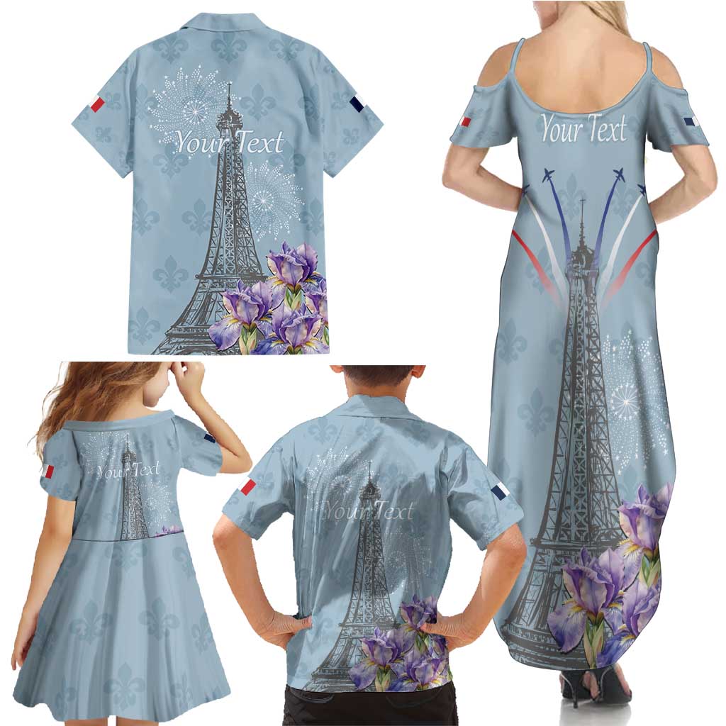Personalized Fance Le 14 Juillet Family Matching Summer Maxi Dress and Hawaiian Shirt Eiffel Tower with Iris Flower