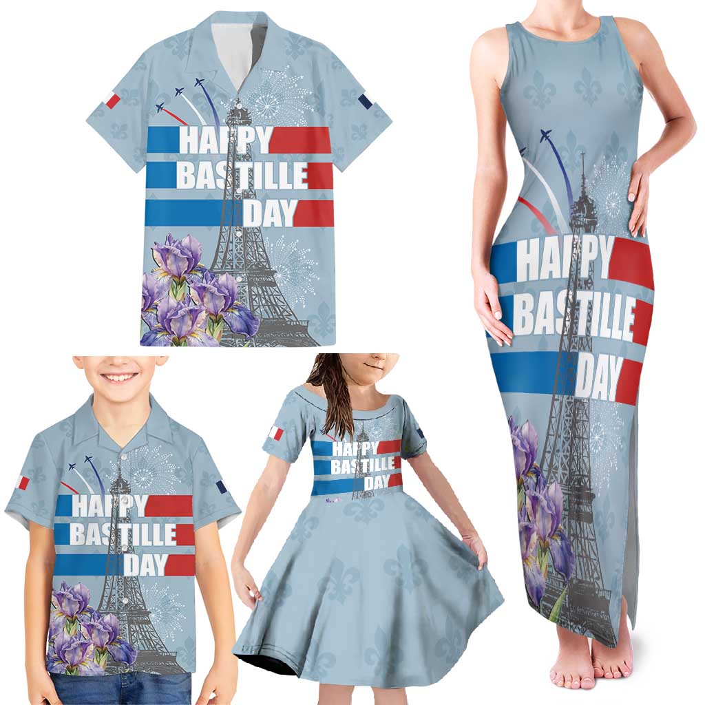 Personalized Fance Le 14 Juillet Family Matching Tank Maxi Dress and Hawaiian Shirt Eiffel Tower with Iris Flower