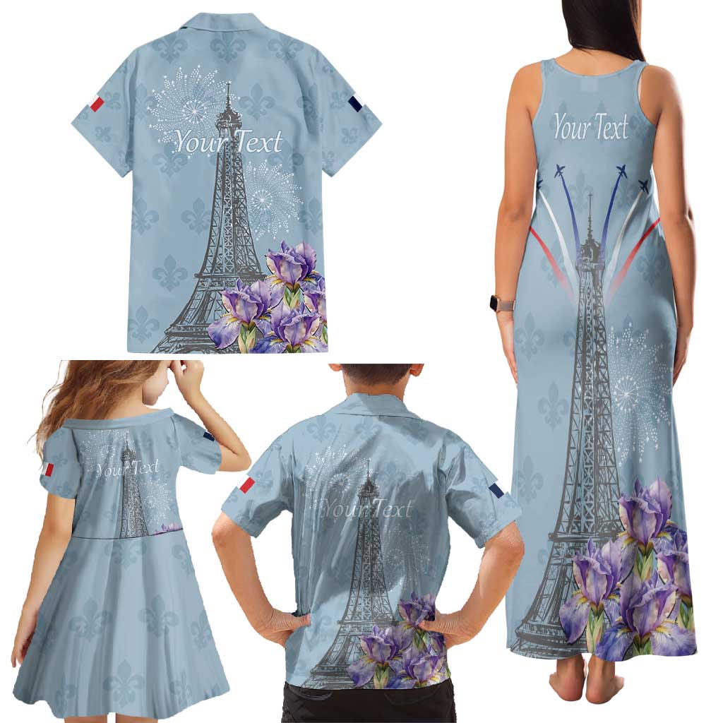 Personalized Fance Le 14 Juillet Family Matching Tank Maxi Dress and Hawaiian Shirt Eiffel Tower with Iris Flower