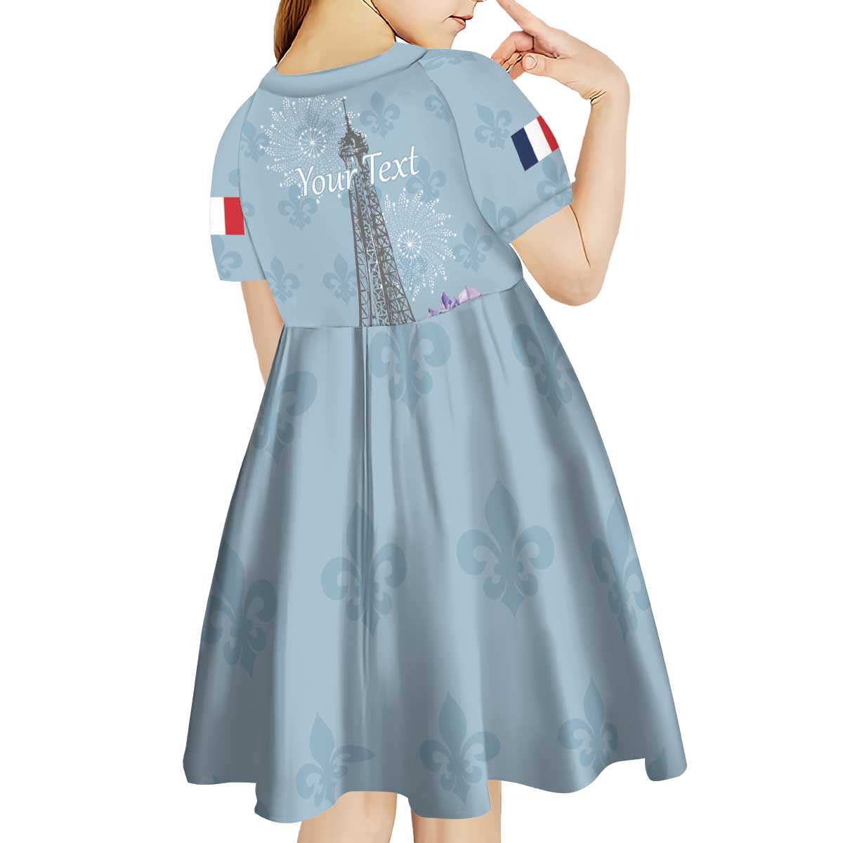 Personalized Fance Le 14 Juillet Kid Short Sleeve Dress Eiffel Tower with Iris Flower