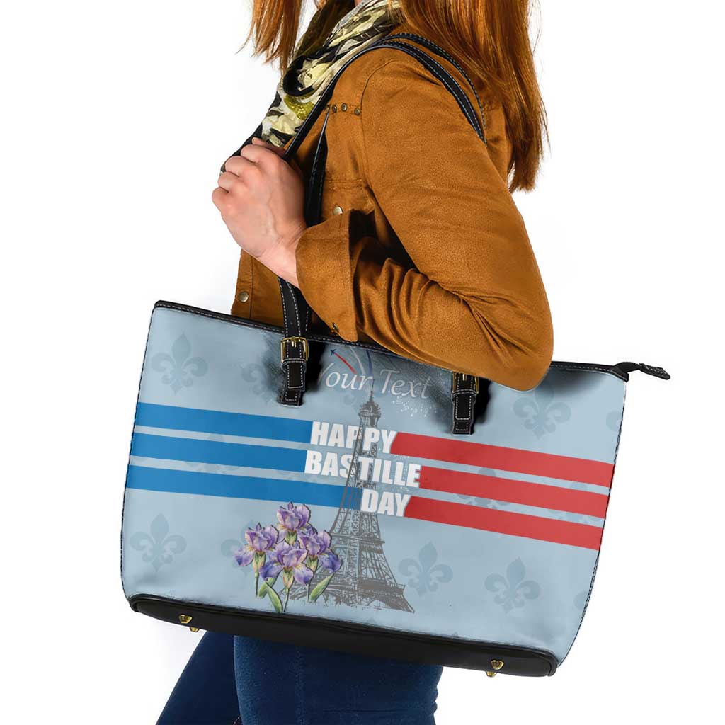 Personalized Fance Le 14 Juillet Leather Tote Bag Eiffel Tower with Iris Flower