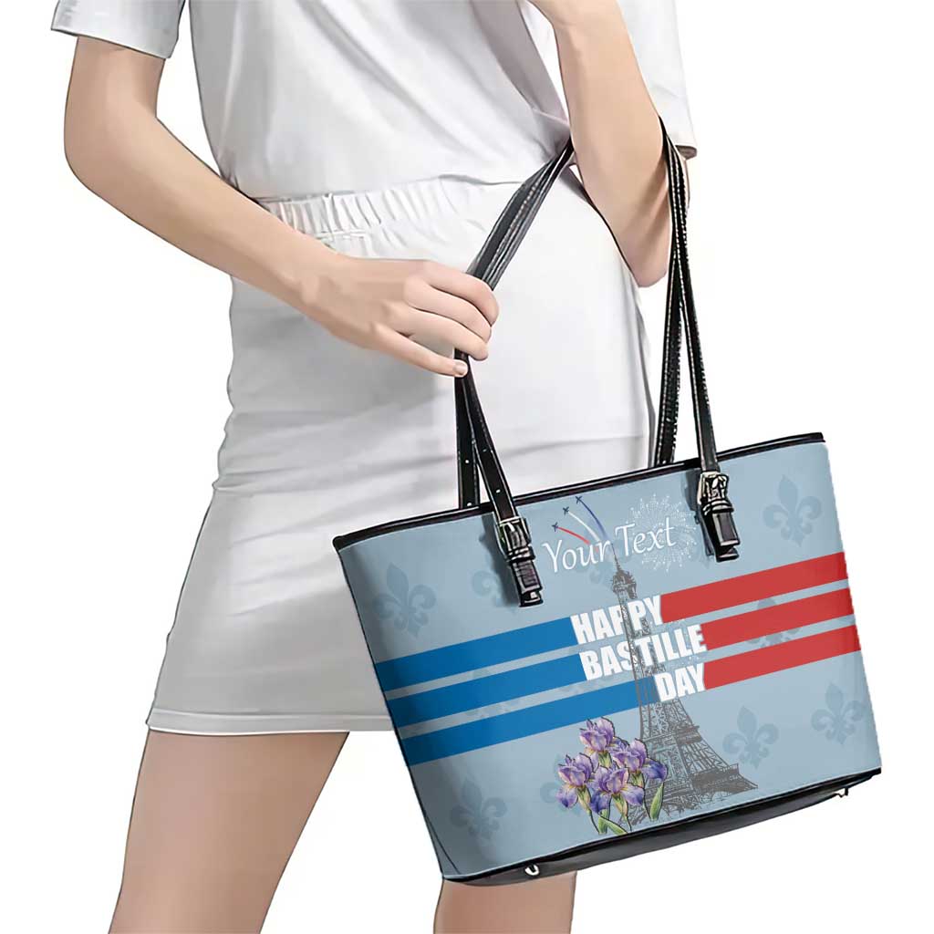 Personalized Fance Le 14 Juillet Leather Tote Bag Eiffel Tower with Iris Flower