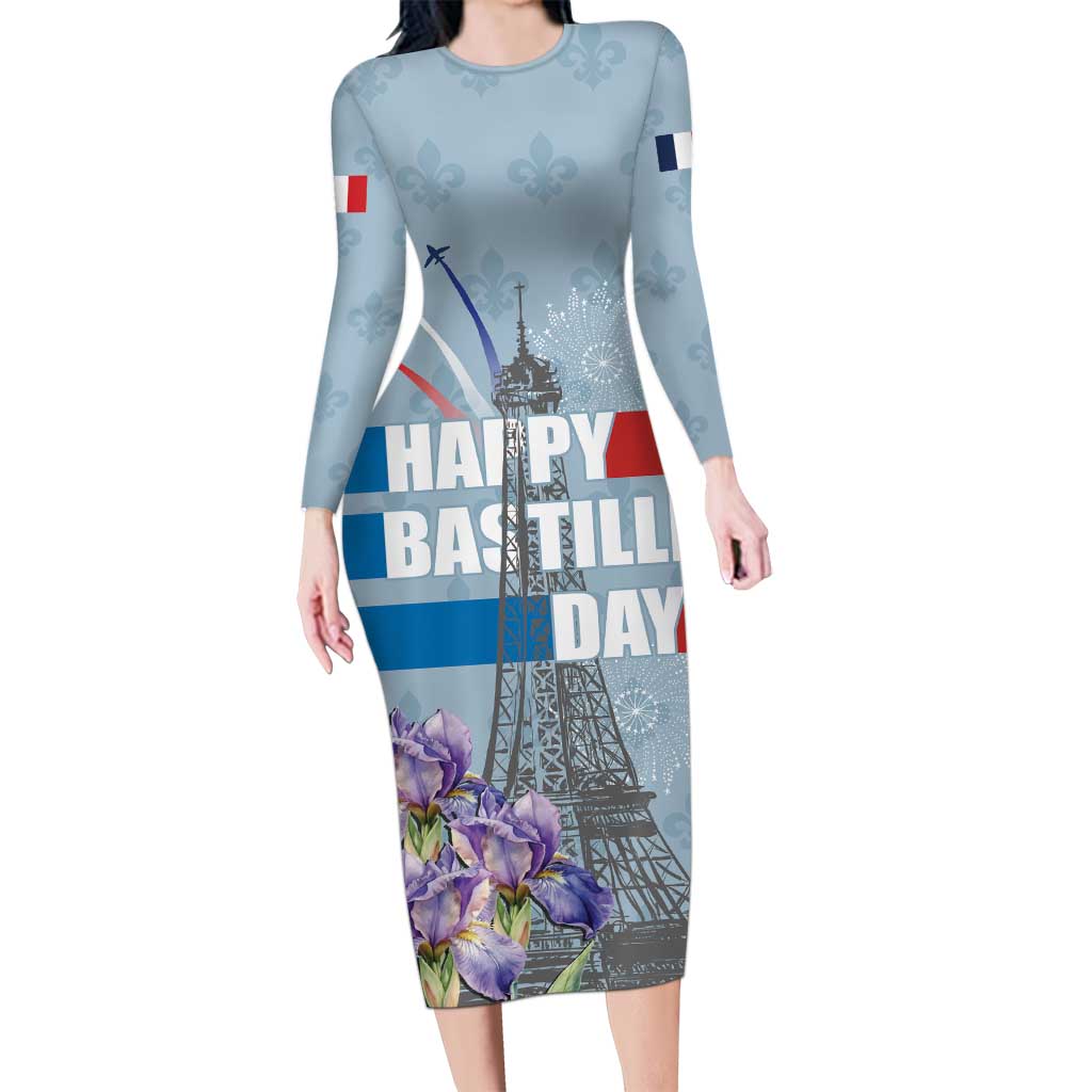 Personalized Fance Le 14 Juillet Long Sleeve Bodycon Dress Eiffel Tower with Iris Flower