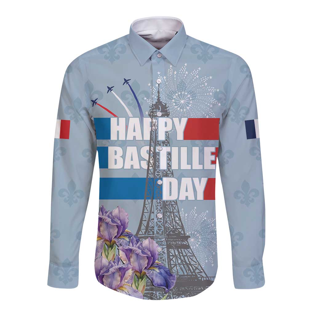 Personalized Fance Le 14 Juillet Long Sleeve Button Shirt Eiffel Tower with Iris Flower