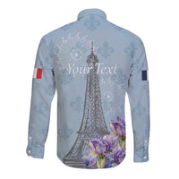 Personalized Fance Le 14 Juillet Long Sleeve Button Shirt Eiffel Tower with Iris Flower