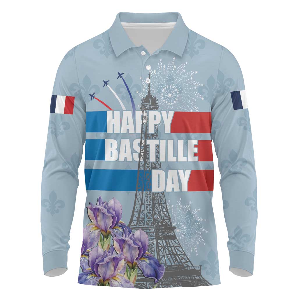 Personalized Fance Le 14 Juillet Long Sleeve Polo Shirt Eiffel Tower with Iris Flower