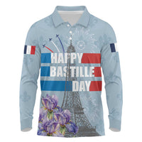 Personalized Fance Le 14 Juillet Long Sleeve Polo Shirt Eiffel Tower with Iris Flower
