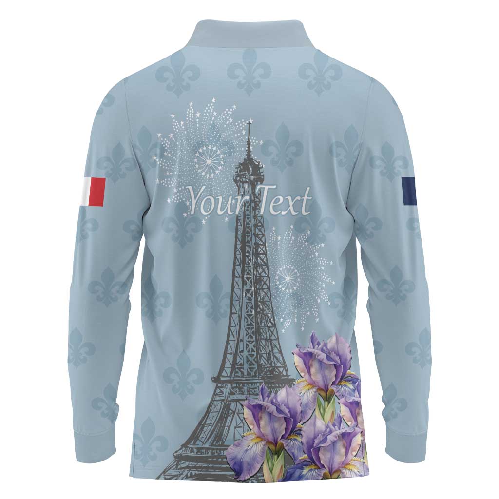 Personalized Fance Le 14 Juillet Long Sleeve Polo Shirt Eiffel Tower with Iris Flower