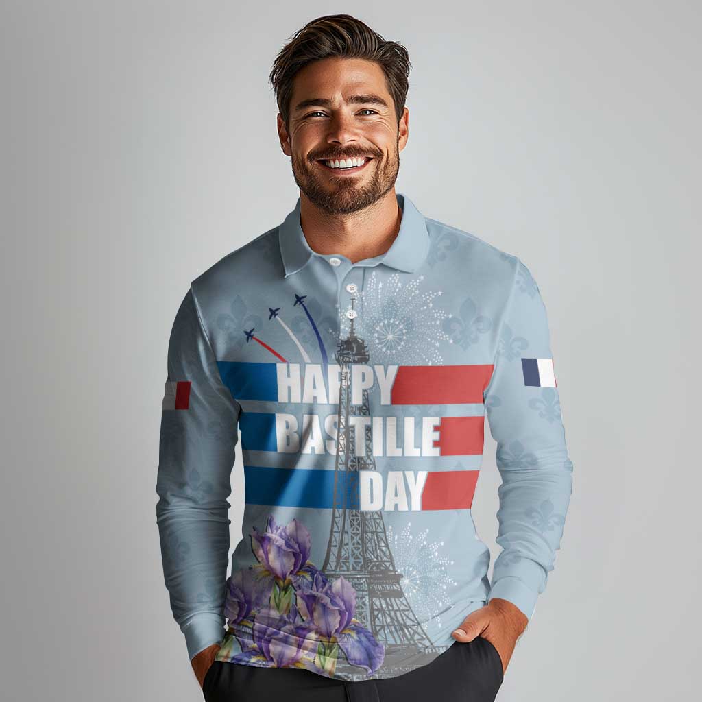 Personalized Fance Le 14 Juillet Long Sleeve Polo Shirt Eiffel Tower with Iris Flower