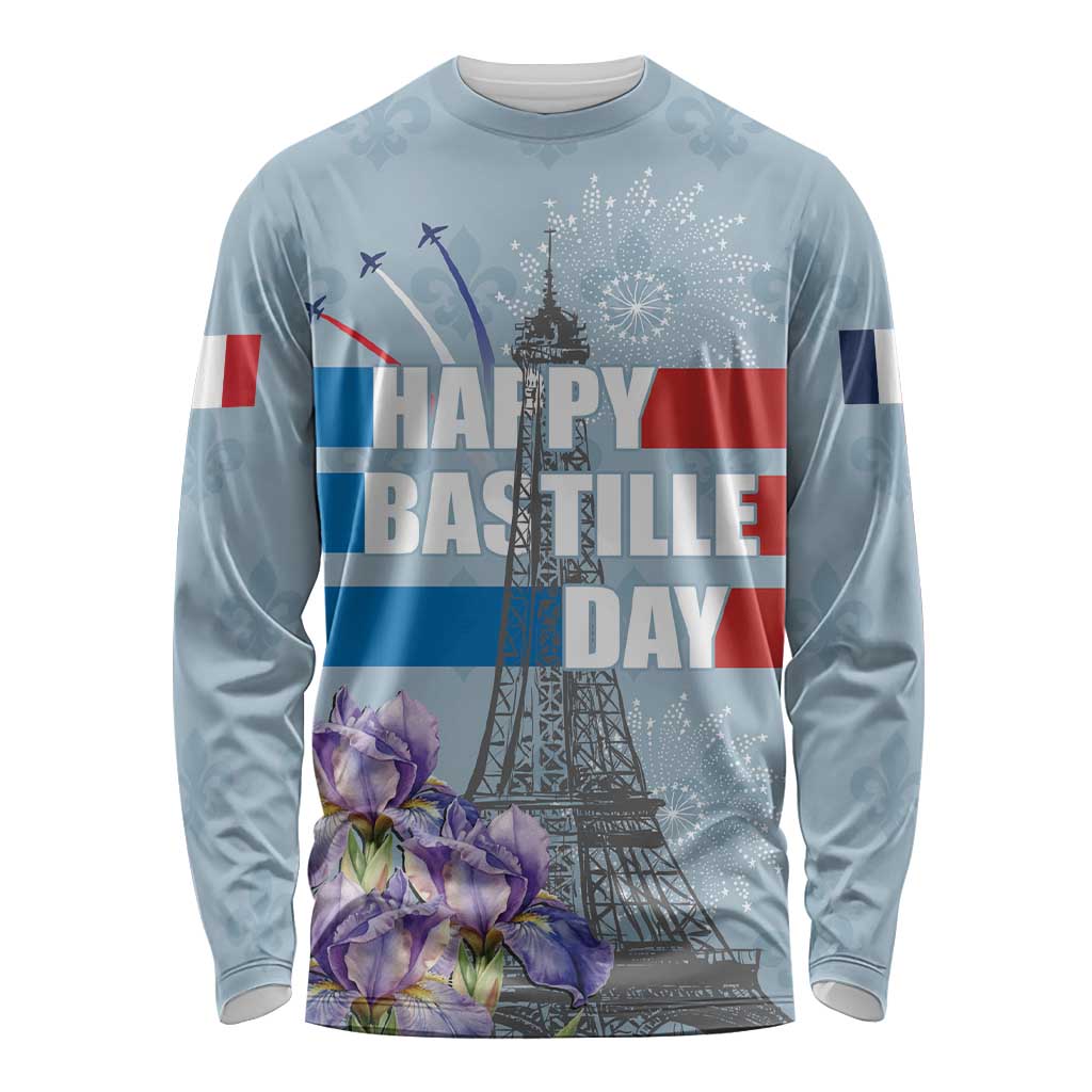 Personalized Fance Le 14 Juillet Long Sleeve Shirt Eiffel Tower with Iris Flower