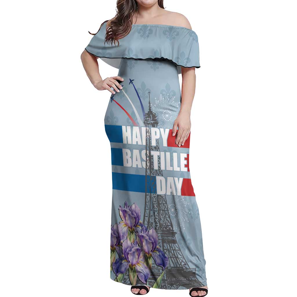 Personalized Fance Le 14 Juillet Off Shoulder Maxi Dress Eiffel Tower with Iris Flower