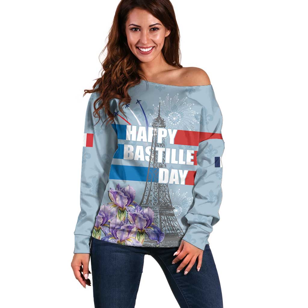 Personalized Fance Le 14 Juillet Off Shoulder Sweater Eiffel Tower with Iris Flower