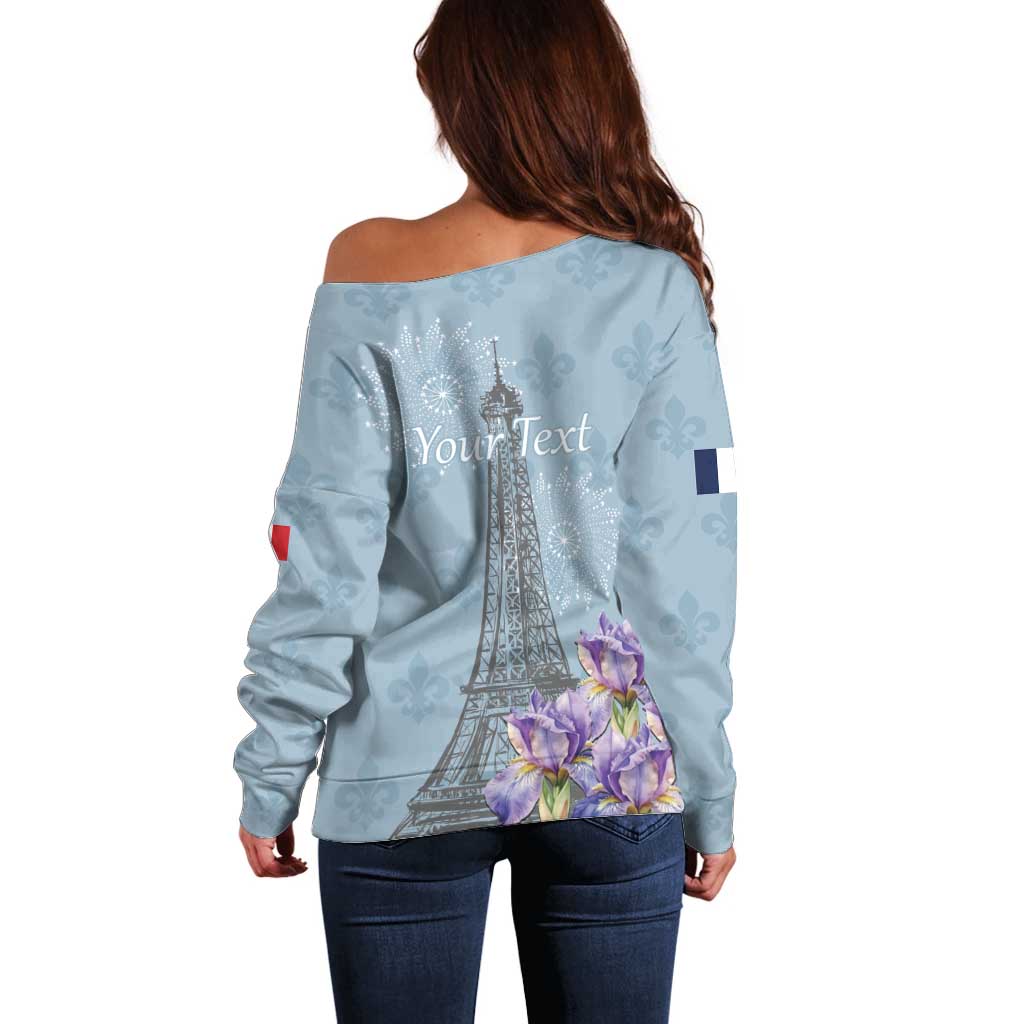 Personalized Fance Le 14 Juillet Off Shoulder Sweater Eiffel Tower with Iris Flower