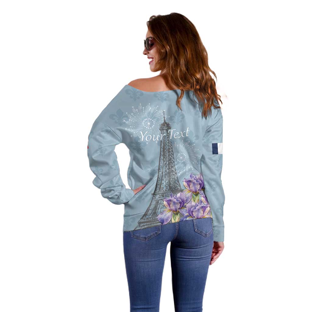 Personalized Fance Le 14 Juillet Off Shoulder Sweater Eiffel Tower with Iris Flower