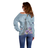 Personalized Fance Le 14 Juillet Off Shoulder Sweater Eiffel Tower with Iris Flower