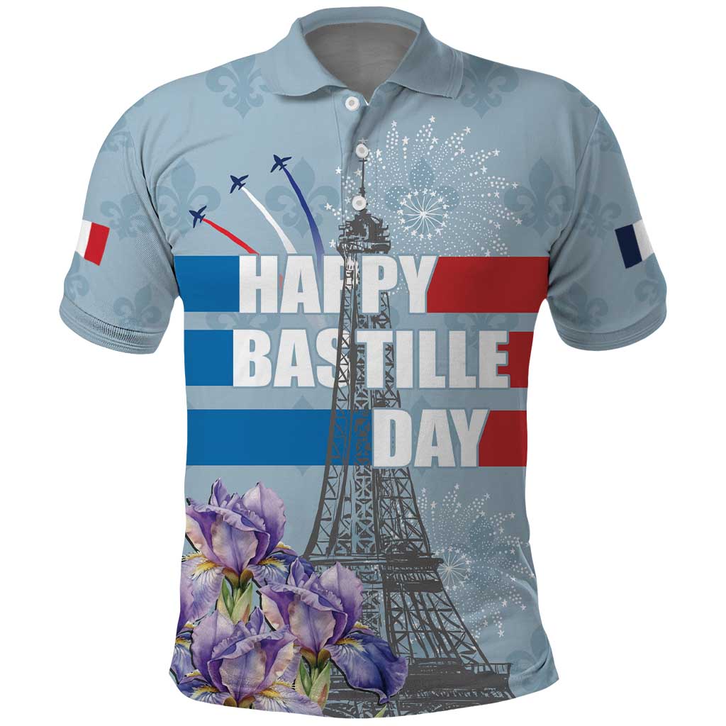 Personalized Fance Le 14 Juillet Polo Shirt Eiffel Tower with Iris Flower