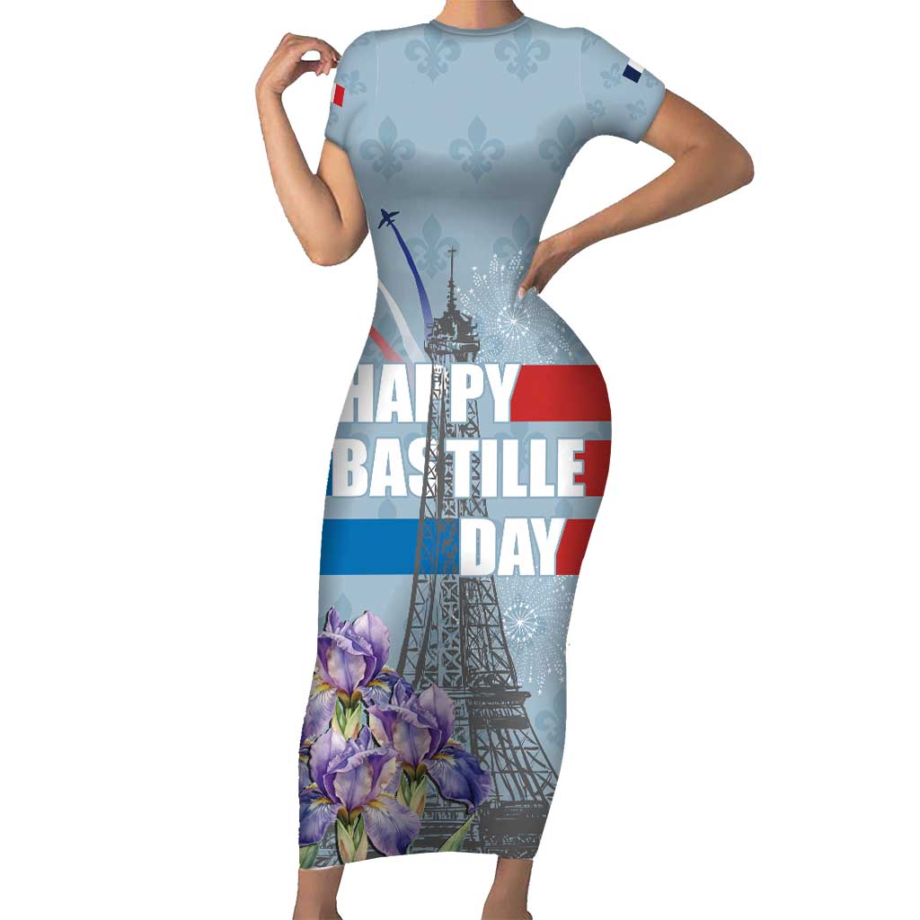 Personalized Fance Le 14 Juillet Short Sleeve Bodycon Dress Eiffel Tower with Iris Flower