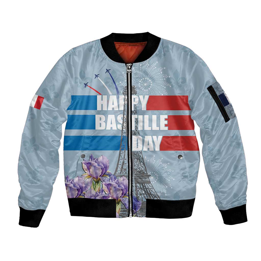 Personalized Fance Le 14 Juillet Sleeve Zip Bomber Jacket Eiffel Tower with Iris Flower