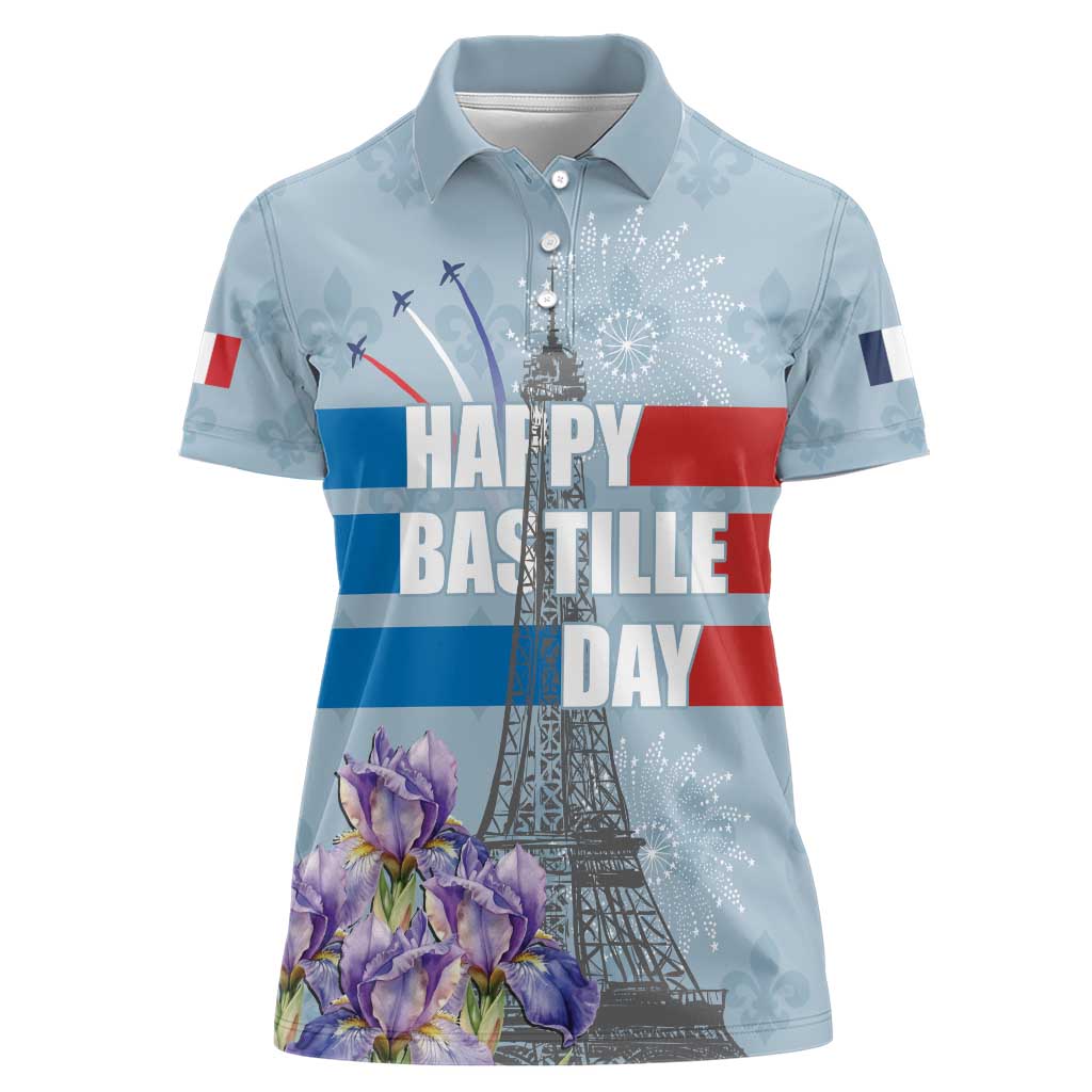 Personalized Fance Le 14 Juillet Women Polo Shirt Eiffel Tower with Iris Flower
