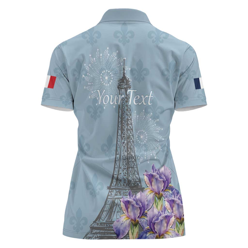Personalized Fance Le 14 Juillet Women Polo Shirt Eiffel Tower with Iris Flower