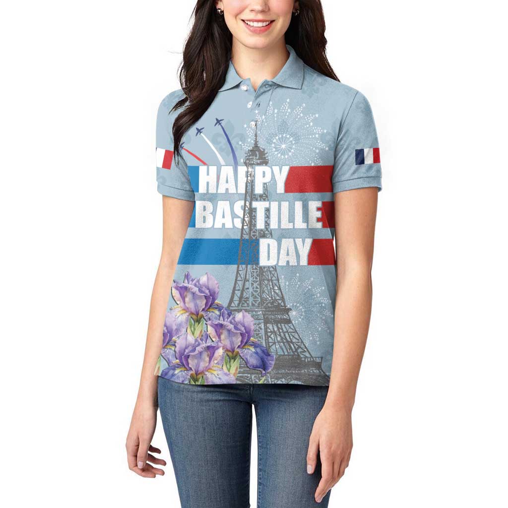 Personalized Fance Le 14 Juillet Women Polo Shirt Eiffel Tower with Iris Flower