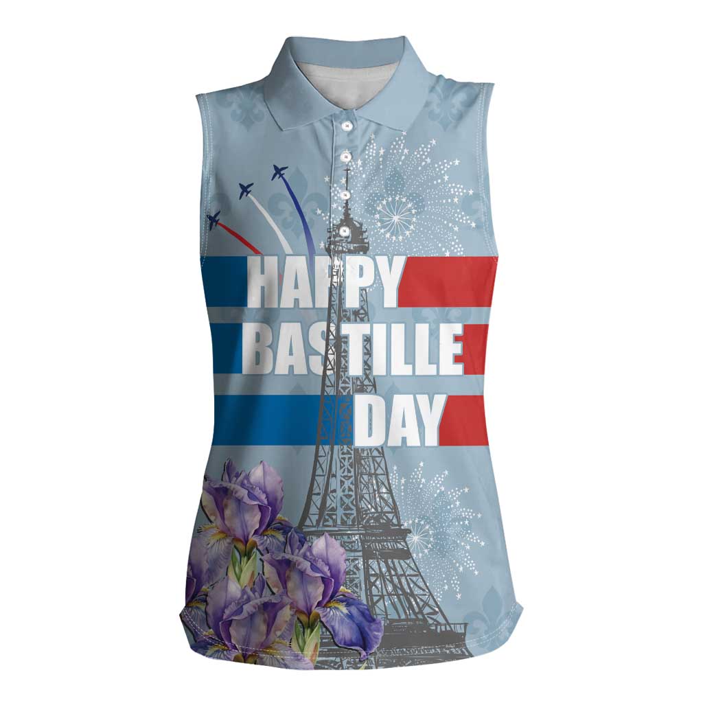 Personalized Fance Le 14 Juillet Women Sleeveless Polo Shirt Eiffel Tower with Iris Flower