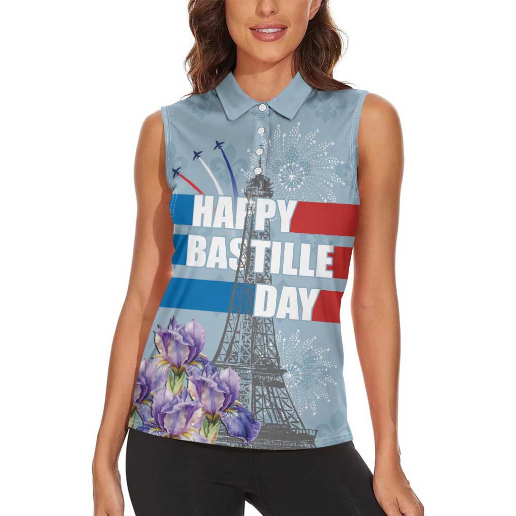 Personalized Fance Le 14 Juillet Women Sleeveless Polo Shirt Eiffel Tower with Iris Flower