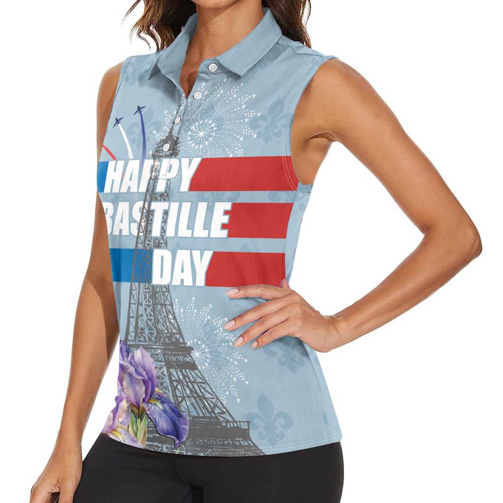 Personalized Fance Le 14 Juillet Women Sleeveless Polo Shirt Eiffel Tower with Iris Flower