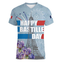 Personalized Fance Le 14 Juillet Women V-Neck T-Shirt Eiffel Tower with Iris Flower