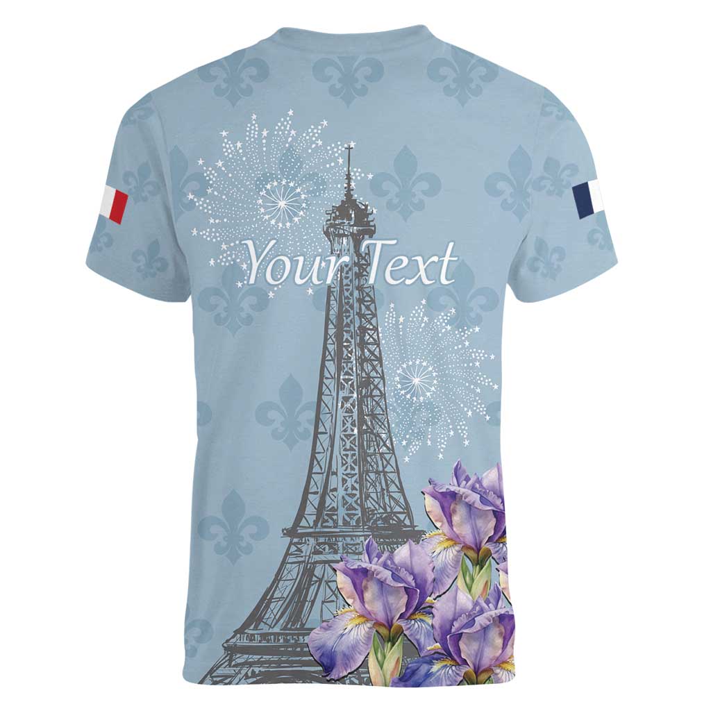 Personalized Fance Le 14 Juillet Women V-Neck T-Shirt Eiffel Tower with Iris Flower