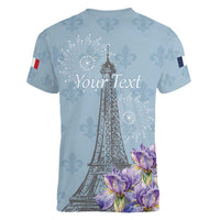 Personalized Fance Le 14 Juillet Women V-Neck T-Shirt Eiffel Tower with Iris Flower