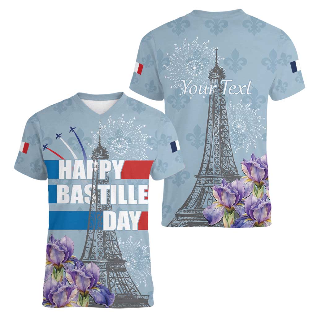 Personalized Fance Le 14 Juillet Women V-Neck T-Shirt Eiffel Tower with Iris Flower