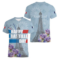 Personalized Fance Le 14 Juillet Women V-Neck T-Shirt Eiffel Tower with Iris Flower