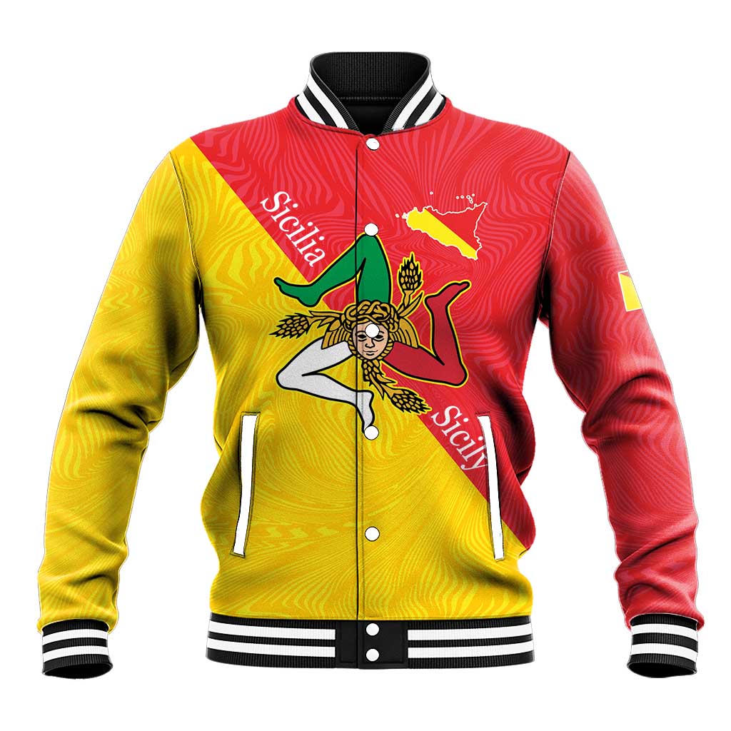 Personalized Italy Sicily Baseball Jacket Sicilia Gorgoneion with Triskeles